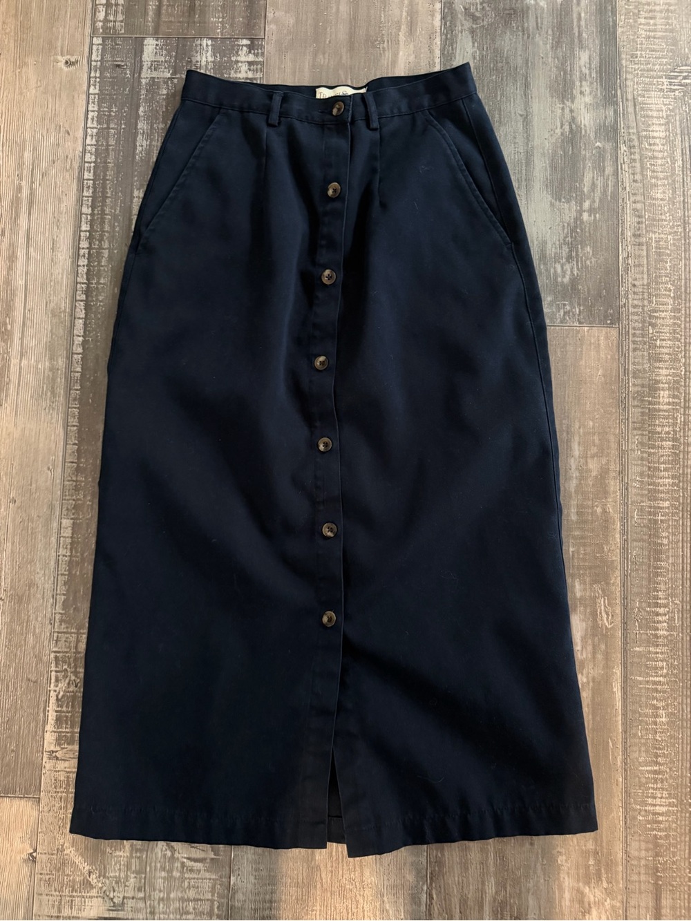 TravelSmith Navy Button-Front Midi Skirt